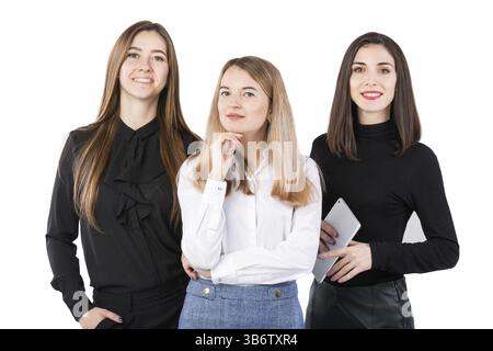 United Team Of Business Women. portrait team of three smiling businesspeople isolated on white background. business women standing in a row. Female Bu Stock Photo