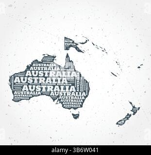 Oceania countries word clouds. Continent shape on textured background. Oceania design in typographic style. Amazing vector illustration. Stock Vector