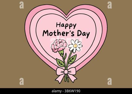 heart-shaped pink outline with mother’s day flowers and bow vector art Stock Vector