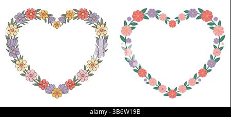 vector 2 floral heart frame with colorful flowers Stock Vector