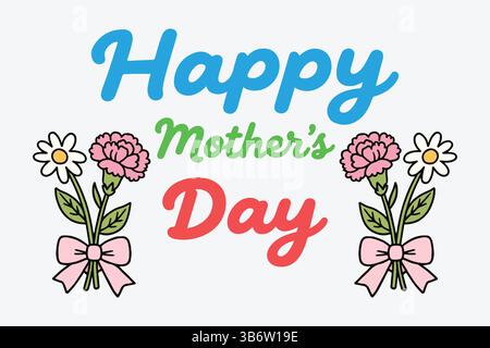 vibrant vector mothers day card with carnation and daisy bouquets and pink ribbons Stock Vector