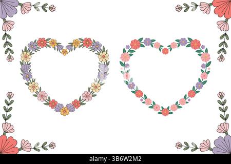 Floral two heart wreath frames with empty space on a white background, vector art. Stock Vector