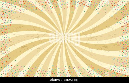 Retro Sunburst Background. Grunge-style cream textured background with stars confetti border, perfect for modern and vintage designs. Stock Vector