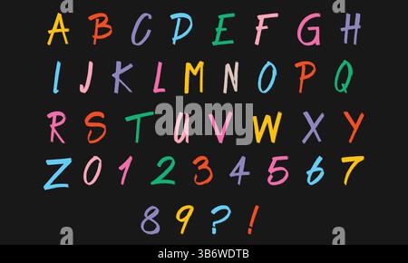 Colorful hand-drawn grungy alphabet and numbers – rough brush style font for bold typography, kids design, and street art projects. Stock Vector