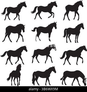 Horse Silhouettes Collection – Black and White Vector Art of Running, Grazing, and Standing Equine Figures Stock Vector