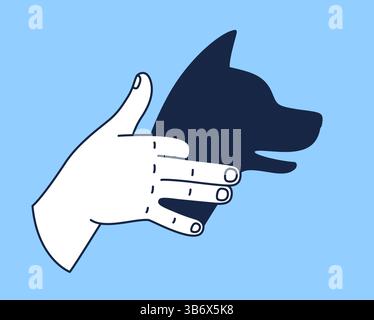Hand gesture casting shadow of barking dog head silhouette. Shadow puppet vector illustration. Stock Vector