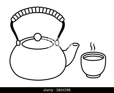 Japanese tea ceremony drawing. Clay teapot and steaming cup of green tea. Black and white line art, simple hand drawn doodle vector illustration. Stock Vector