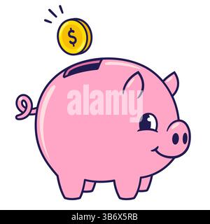 Cute cartoon piggy bank drawing. Funny piggybank with dollar coin. Saving money vector illustration. Stock Vector