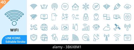 Wifi icon set. Containing online, signal, wireless, internet, and more. Set of line icons related to wireless, internet, computer, wifi router. vector Stock Vector
