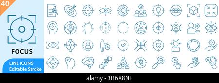 Focus line editable icon set. Line icons related to focus and concentration. Editable stroke. Vector illustration Stock Vector