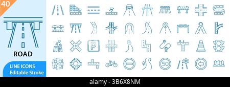 Set outline icons related to road infrastructure. Linear icon collection. Editable stroke. Vector illustration Stock Vector