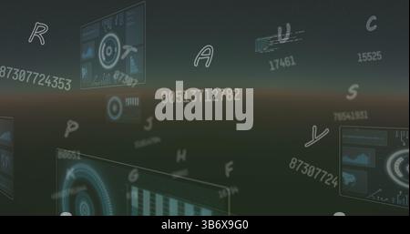 Image of numbers falling and data processing over green background Stock Photo