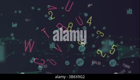 Image of letters, numbers, icons and connections moving on black background Stock Photo