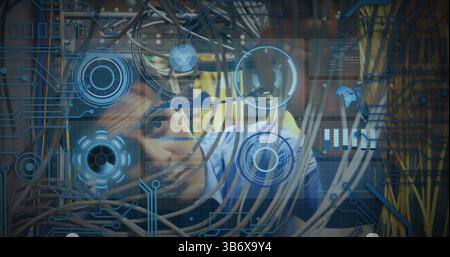 Image of processing circle over data and caucasian man checking computer wires Stock Photo