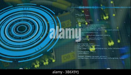 Image of processing circle over integrated circuit and computer wires Stock Photo