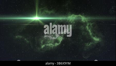 Image of green glowing light over clouds and twinkling stars on black background Stock Photo