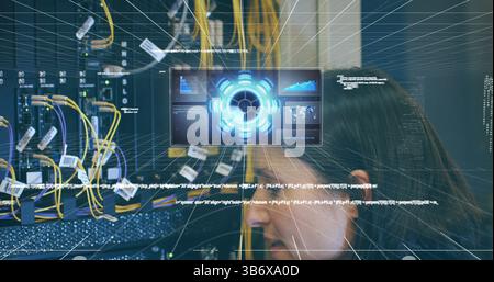 Image of processing circle over integrated circuit and computer wires Stock Photo