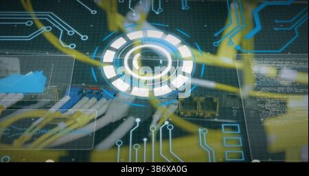 Image of processing circle over integrated circuit and computer wires Stock Photo