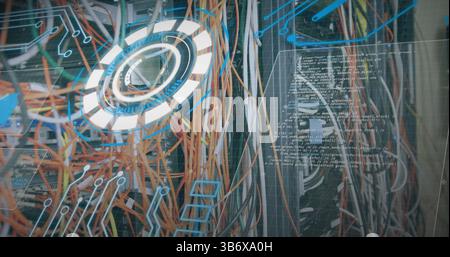 Image of processing circle over integrated circuit and computer wires Stock Photo