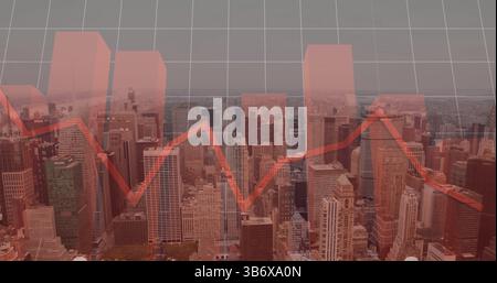 Image of red line, financial data processing over cityscape Stock Photo