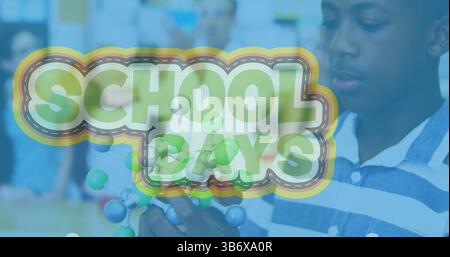 Image of school days text over african american boy with model in lab Stock Photo