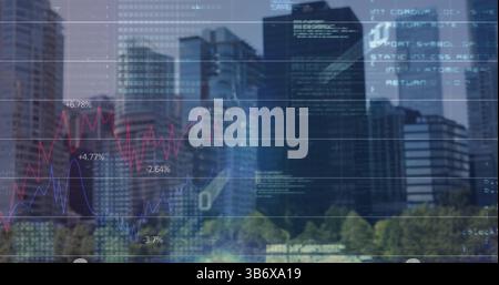 Image of binary coding, financial data processing over cityscape Stock Photo