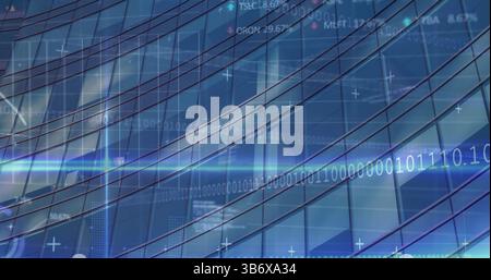 Image of binary coding, financial data processing over office building Stock Photo