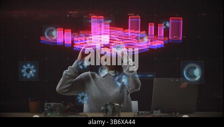 Image of data processing over woman using vr headset Stock Photo