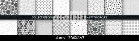 Collection of vector seamless geometric patterns in different styles. Monochrome repeatable unusual textile backgrounds with circles and dots. Gray Stock Vector