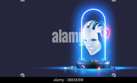 AI chat bot head over podium in cyberspace. Cyborg or humanoid robot face with electronic brain in neon lights. Artificial neural network concept. Sci Stock Vector
