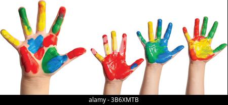 Four hands raised, covered in vibrant primary colors. A symbol of creativity, childhood, and collaborative art Stock Vector