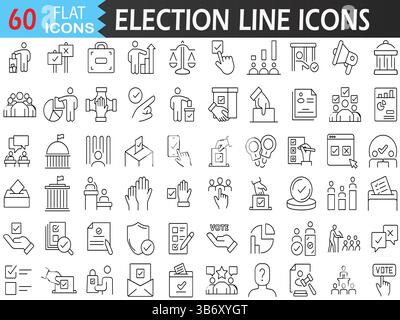Election Line Icons – Voting, Ballot Box, Campaign, Results. Politics Linear Icon Set with Editable Stroke. Vector Illustration for UI, Web, and Print Stock Vector