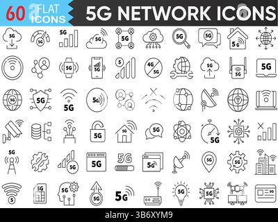5G Network Line Icons – Signal Strength, Wi-Fi, Data Upload, No Connection. Vector Outline Web Icons for Illustrator. Stock Vector
