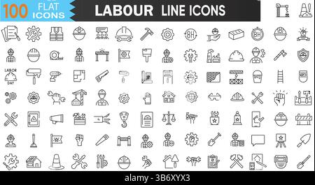 Labour Icons Collection — Line Art for Worker Tools, Builder Equipment, Construction Site, and Industrial Elements | Vector Set Stock Vector