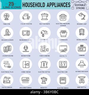 Household Appliances Line Icon pack. mixer, AC, blender, Cleaner, Microwave oven, fan, coffee maker, Washer and camer. Editable Vector stroke pictogra Stock Vector