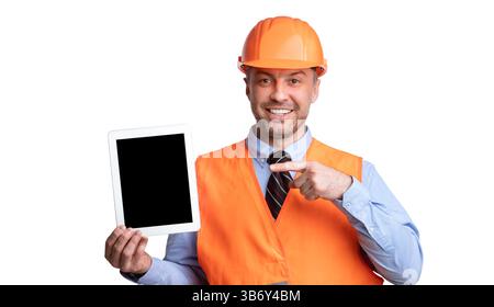 Builder Showing Tablet Pointing Finger At Empty Screen, White Background Stock Photo