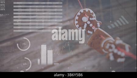 Image of graphs and numbers over christmas decoration Stock Photo