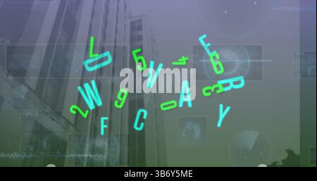 Image of numbers, letters and data processing over modern office buildings Stock Photo