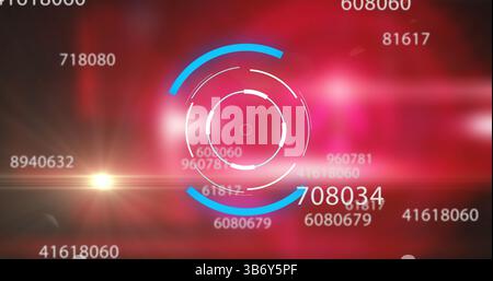 Image of changing numbers, circles and lights on red background Stock Photo