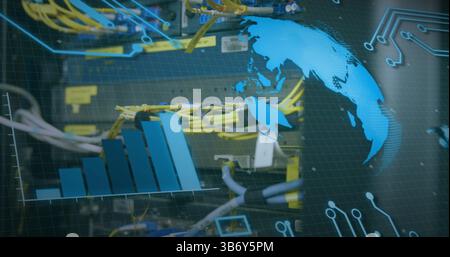 Image of globe spinning and data processing over cables in computer server in background Stock Photo