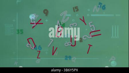 Showing floating alphanumeric characters drifting on dashboard screen, with grid lines and axes Stock Photo