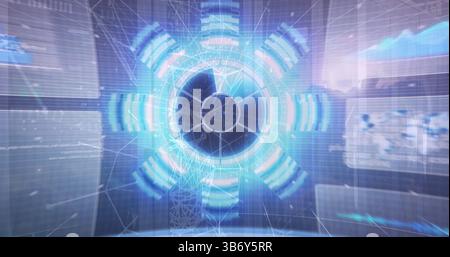 Holographic round interface projecting data rings in virtual control room with screens and grid Stock Photo