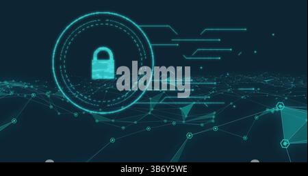 Image of digital padlock, connections on black background Stock Photo