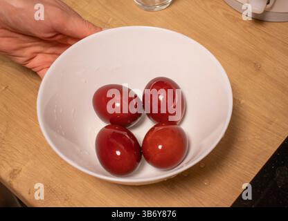 Easter eggs just colored with onion peel Stock Photo