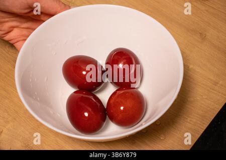 Easter eggs just colored with onion peel Stock Photo