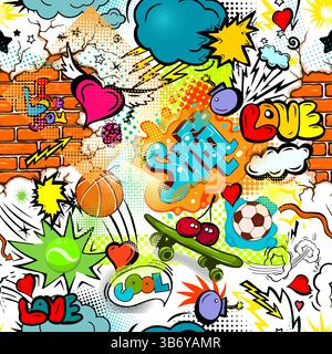 Seamless background street graffiti. hand drawing. Not AI, Vector illustration. Stock Vector