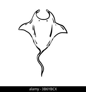 Sea stingray in doodle style. Marine animals, ocean fish. Vector linear illustration in a hand-drawn style. Outline. Stock Vector