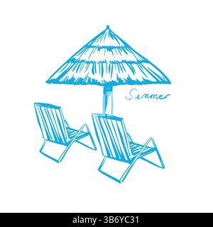 Beach umbrella and two outdoor sun beds in blue color. Outline vector vintage illustration of summer holiday Stock Vector