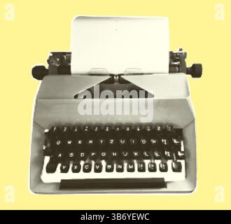 Retro typewriter. Vintage machine for type. Halftone trendy cut out paper collage element isolated on yellow background, Polka dot pop art style Stock Vector