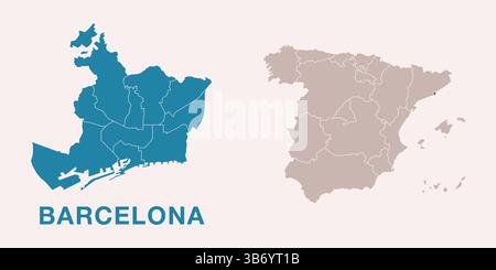 Detailed city map of Barcelona, Spain with location highlighted on Spain map. Vector Spain map with regional divisions, isolated on background. Stock Vector